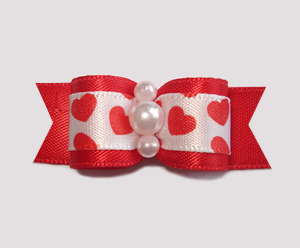 #2101 - 5/8" Dog Bow - Sweetheart Bow, Red Satin, Faux Pearls