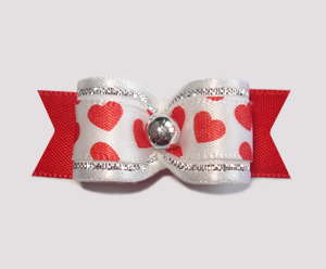 #2103 - 5/8" Dog Bow - Fancy Love Hearts, Red/White with Silver