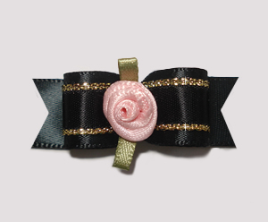 #2114 - 5/8" Dog Bow - Gorgeous Black & Gold Satin, Pink Rosette