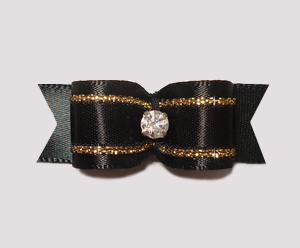#2116 - 5/8" Dog Bow - Gorgeous Black & Gold Satin, Rhinestone