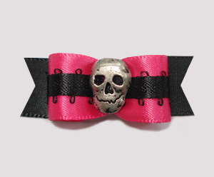 #2136 - 5/8" Dog Bow - Unique Skull, Hot Pink & Black Satin