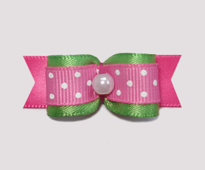 #2151 - 5/8" Dog Bow - Fun Flirty Pink with Green, Faux Pearl