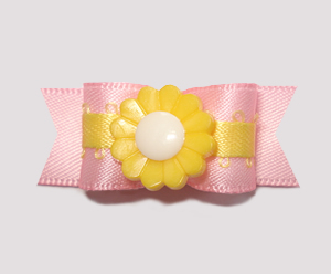 #2213- 5/8" Dog Bow- Sweet Pink Satin with Yellow, Yellow Flower
