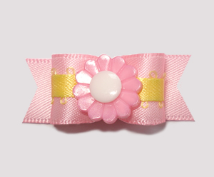 #2214 - 5/8" Dog Bow- Sweet Pink Satin with Yellow, Pink Flower
