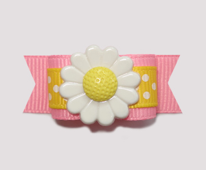 #2215- 5/8" Dog Bow- Cute Yellow/White Dot on Pink, Yellow Daisy