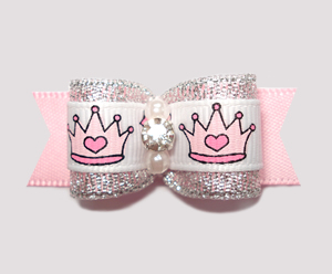 #2278 - 5/8" Dog Bow - Pretty Princess Crowns, Pink/White/Silver