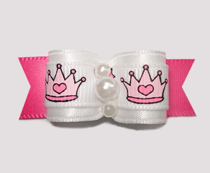 #2290 - 5/8" Dog Bow - Princess Crowns, Angelic White/Hot Pink