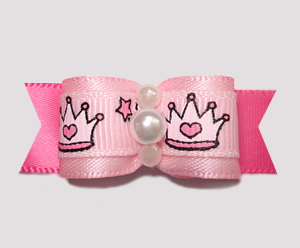 #2296 - 5/8" Dog Bow - Sweet Princess Crowns, Baby Pink/Hot Pink