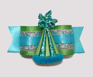#2298 - 5/8" Dog Bow- Green/Blue, Celebrity Sparkle, Party Hat