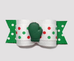 #2305 - 5/8" Dog Bow- Let It Snow! Green Mitten, Candy Cane Dots
