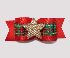 #2309 - 5/8" Dog Bow - Holiday Star, Red Satin/Plaid/Gold