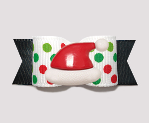 #2328- 5/8" Dog Bow- Festive Candy Cane Dots on Black, Santa Hat