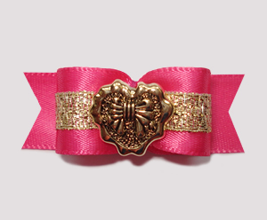 #2351 - 5/8" Dog Bow - Hot Pink/Gold with Unique Gold Heart