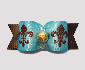 #2364 - 5/8" Dog Bow - Fleur de Lis, Blue w/Brown Sparkle & Gold