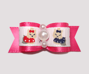 #2373 - 5/8" Dog Bow - Darling Yorkies on Hot Pink Satin, Pearls