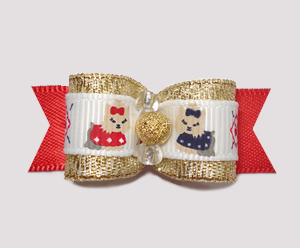 #2374 - 5/8" Dog Bow - Darling Little Yorkies, Gold on Red Satin
