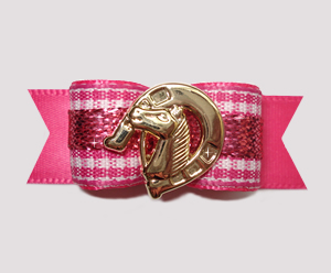 #2420- 5/8" Dog Bow- Pink/White Country Gingham, Lucky Horseshoe