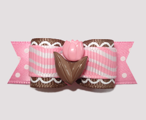 #2444 - 5/8" Dog Bow - Tiptoe Through The Tulips, Pink/Brown