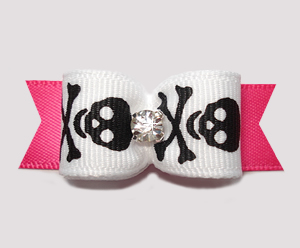 #2555 - 5/8" Dog Bow- Girly Skull & Xbones, Black/White/Hot Pink