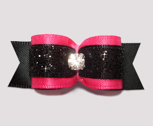 #2571- 5/8" Dog Bow- Stunning Hot Pink/Black Glitter, Rhinestone