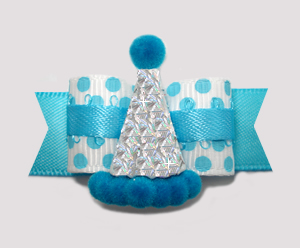 #2585 - 5/8" Dog Bow - Electric Blue Dots, Silver Glitter Hat