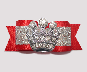 #2603 - 5/8" Dog Bow - Showy Red & Silver Glitter, Sparkly Crown