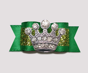 #2604- 5/8" Dog Bow- Gorgeous Glitter, Fern Green, Bling Crown