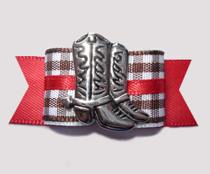 #2771 - 5/8" Dog Bow - Western Boot, Brown/White Gingham w/Red