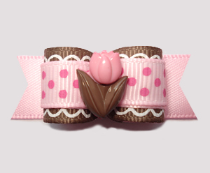 #2781 - 5/8" Dog Bow - Too Cute Tulip, Pink/Brown w/Pink Dots