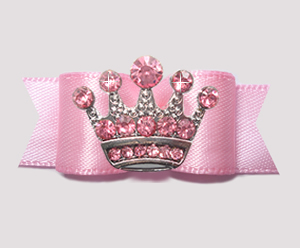 #2789- 5/8" Dog Bow - Baby Pink Satin with Pink Rhinestone Crown