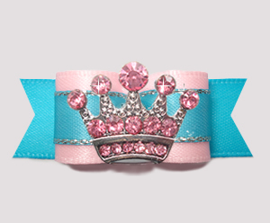 #2796 - 5/8" Dog Bow - Pink/Electric Blue, Pink Rhinestone Crown