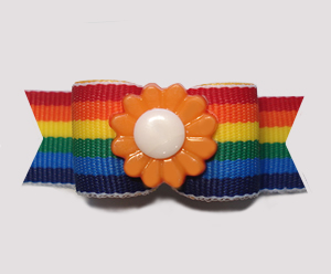 #2815 - 5/8" Dog Bow - Colorful Rainbow Stripes, Orange Flower