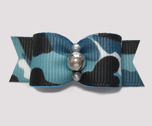 #2818 - 5/8" Dog Bow - Camouflage Print, Blue/Black with Silver