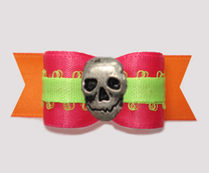 #2831 - 5/8" Dog Bow- Beautiful Brights, Pink/Orange/Lime, Skull