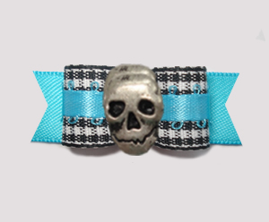 #2835 - 5/8" Dog Bow - Classic B/W Gingham on Blue with Skull