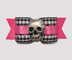#2836 - 5/8" Dog Bow- Classic B/W Gingham on Hot Pink with Skull