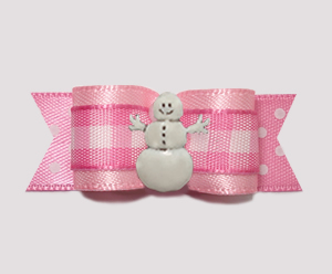 #2847 - 5/8" Dog Bow - Adorable Pink Gingham 'n Dots, Snowman