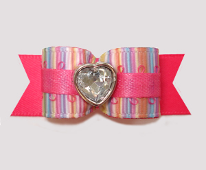 #2857- 5/8" Dog Bow - Cotton Candy Stripes/Hot Pink, Bling Heart
