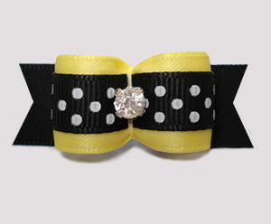 #2865- 5/8" Dog Bow - Bumblebee Yellow with B/W Dots, Rhinestone