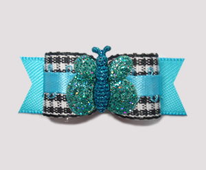 #2871- 5/8" Dog Bow- B/W Gingham on Blue, Sparkle Butterfly