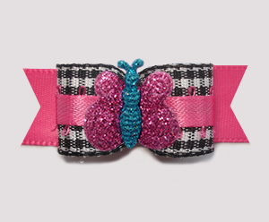 #2872- 5/8" Dog Bow - B/W Gingham on Hot Pink, Sparkle Butterfly
