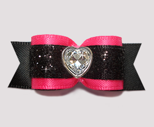 #2911- 5/8 Dog Bow- Stunning Hot Pink/Black Glitter, Bling Heart