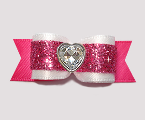 #2915 - 5/8" Dog Bow - Girly White & Pink Glitter, Bling Heart