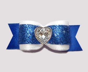 #2917 - 5/8" Dog Bow - Classic White & Blue Glitter, Bling Heart