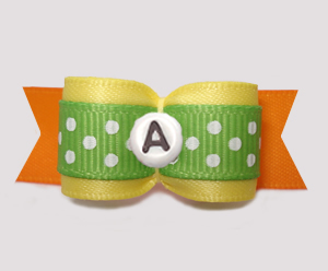 #2932 - 5/8" Dog Bow - Yellow/Green/Orange w/Dots, Choose Letter