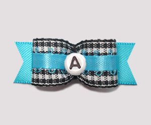 #2941 - 5/8" Dog Bow - B/W Gingham w/Blue - Choose Your Letter