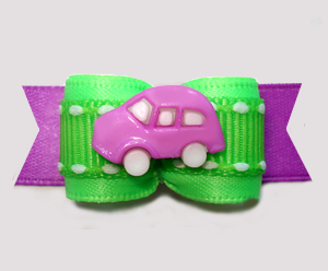 #2987 - 5/8" Dog Bow - Vroom! Purple Car on Neon Green/Purple