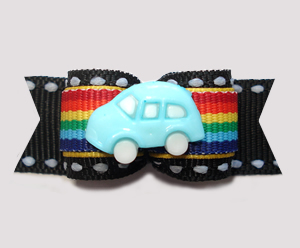 #2988- 5/8" Dog Bow - Vroom! Blue Car on Rainbow Stripes w/Black