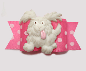 #3051 - 5/8" Dog Bow - Happy Playful Pup, Pink/White Dots