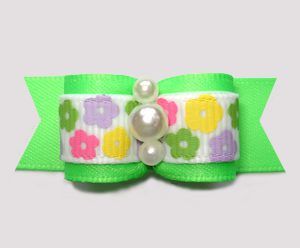 #3060- 5/8" Dog Bow - Petite Spring Flowers on Bright Fresh Lime